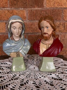 Vintage Jesus And Mary 8” Busts Catholic Religious Statues Art Chalkware